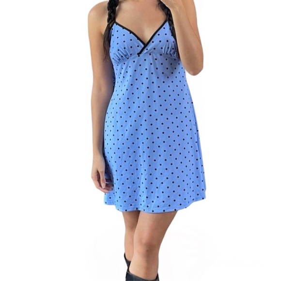 Apt.9 size small blue mini slip dress black polka dots sleeveless lace on back - Picture 1 of 12